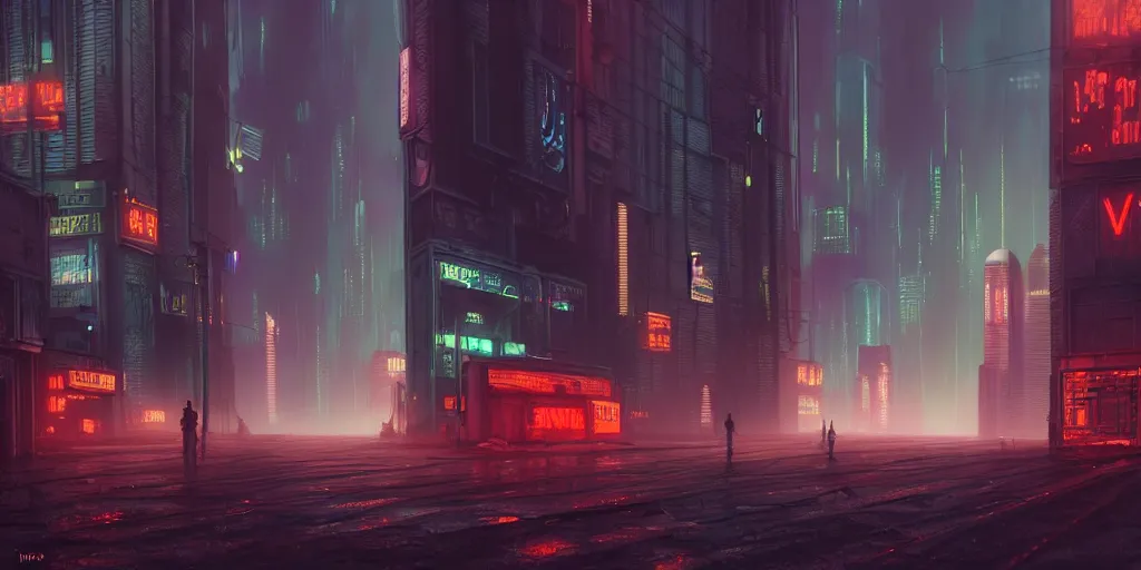 Prompt: highly detailed matte painting of a cyberpunk city street day time, bokeh, science fiction, grungy dystopia, plutocracy, futuristic noir, industrial steam, drones, mechs. environment art by john berkley and edward hopper concept art, volumetric - lighting - style atmosphere
