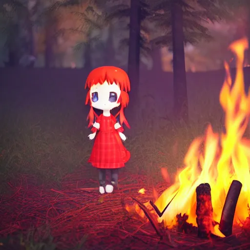 Image similar to cute fumo plush manic happy pyromaniac girl giddily starting a huge bonfire in the forest, stylized pbr anime shader, burning flames, warm glow and volumetric smoke vortices, filmic, rule of thirds composition, vignette, vray