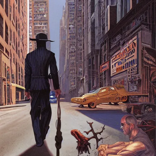 Image similar to a man is followed through the lower east side by strange figures he can only half - see. high quality high detail painting by david mattingly and ralph mcquarrie and richard corben, hd, realistic matte painting, photorealistic lighting, modern supernatural urban horror