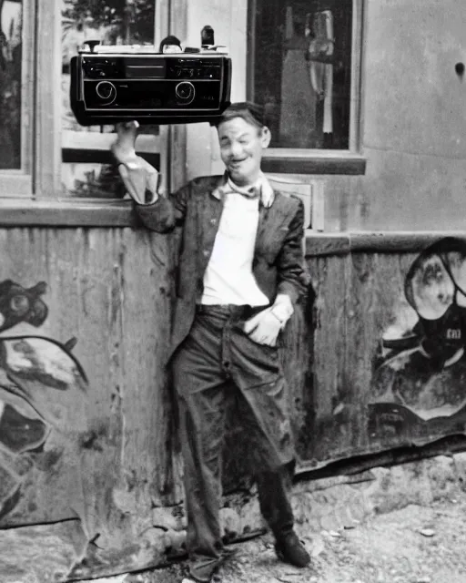 Prompt: a vintage photo of a man with a boombox instead of a head