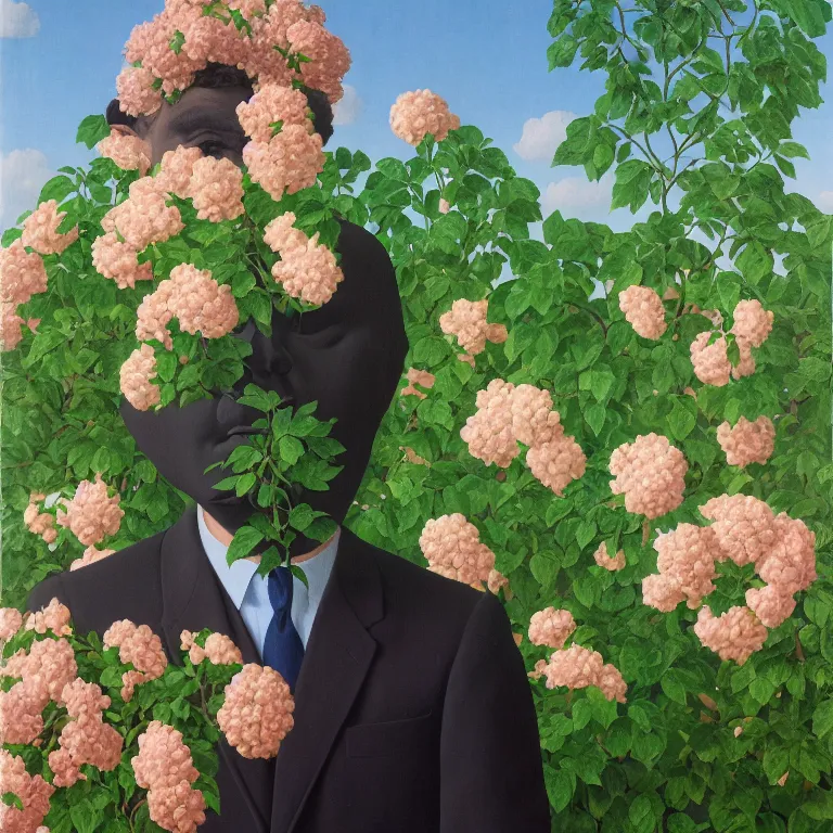 Image similar to portrait of a man, face hidden by beautiful flowers, by rene magritte, detailed painting, hd, hq, high resolution, high detail, 4 k, 8 k