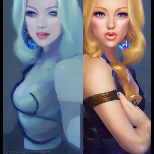 Prompt: portrait of beautiful girl with blond hair and blue eyes, League of Legend illustration by Sam Youn:1, profile picture by Gil Elvgren:2, asymmetrical, Organic Painting, Ambient Occlusion:3, Matte Painting, bold shapes, hard edges, street art, trending on artstation, realistic:2 by Sachin Teng:5