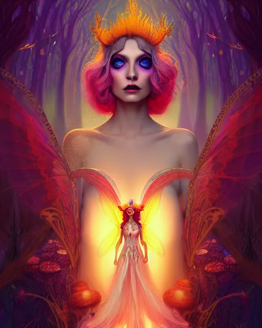 Prompt: portrait, stunningly beautiful female faerie priestess in amanita muscaria forest landscape, symmetrical wings on back, neon hair, wearing a dress of gossamer gold, inner glow, illustration, dramatic lighting, soft details, painting, art nouveau, octane render, 8 k, hd, by brom, faces by otto schmidt