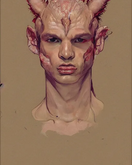 Image similar to portrait of an axolotl god by greg rutkowski in the style of egon schiele