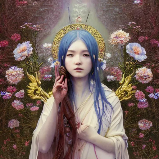 Image similar to breathtaking detailed concept art painting of the goddess of nemophila flowers, orthodox saint, with anxious, piercing eyes, ornate background, amalgamation of leaves and flowers, by Hsiao-Ron Cheng, James jean, Miho Hirano, Hayao Miyazaki, extremely moody lighting, 8K