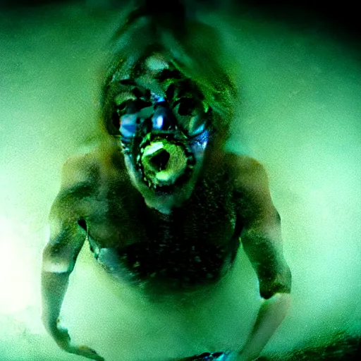 Image similar to sea monster about to eat pov underwater, pale skin, dark yellowish water, foggy water, dark, dramatic,'silent hill ', big eyes, alluring and terrifying, cinematic