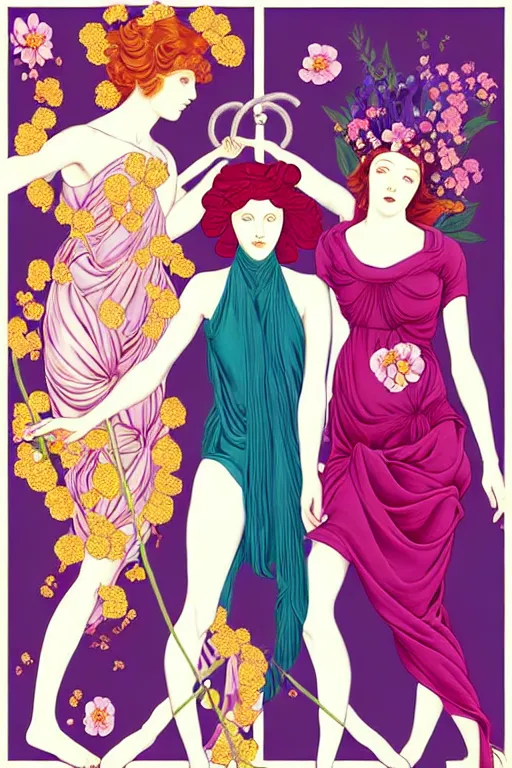 Image similar to 3 Spring Muses symbolically representing March, April, and May, in a style blending Æon Flux, Peter Chung, Shepard Fairey, Botticelli, Ivan Bolivian, and John Singer Sargent, inspired by pre-raphaelite paintings, shoujo manga, and cool Japanese street fashion, dramatically blossoming flora and fauna, petals falling everywhere, pastel vivid triad colors, hyper detailed, super fine inking lines, ethereal and otherworldly, 4K extremely photorealistic, Arnold render