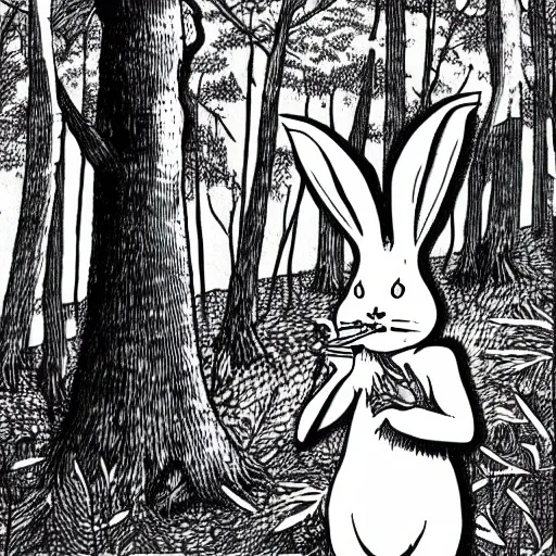 Image similar to a rabbit smoking deep in the forest, black and white illustration, creative design by junji ito