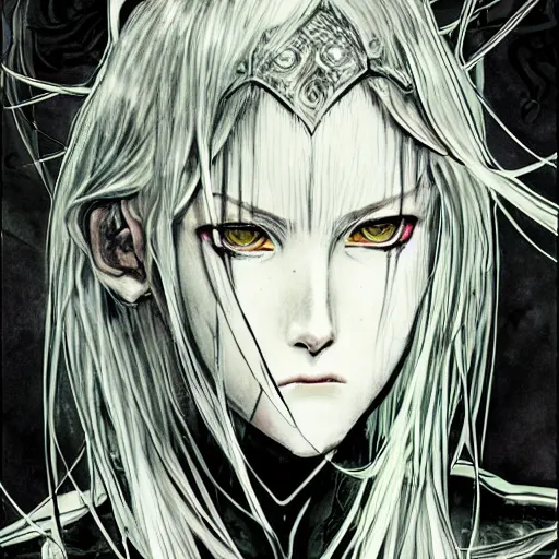Prompt: character portrait of a girl with wavy white hair and black eyes in the style of yoshitaka amano drawn by alex maleev, highly detailed, elden ring armor with engraving, blurred edges, film grain effect