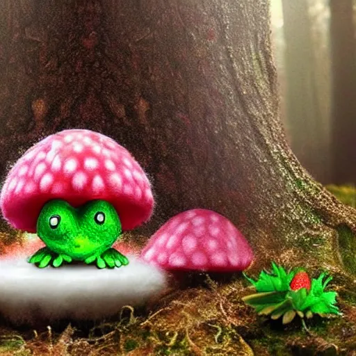 Image similar to an aesthetically pleasing fluffy fuzzy curly furred strawberry cow in a cottagecore mushroom filled forest with a tiny green frog sitting on a toadstool, pink fog, glitter, sparkles and shimmers, ambient occlusion, God rays, national goegraphic