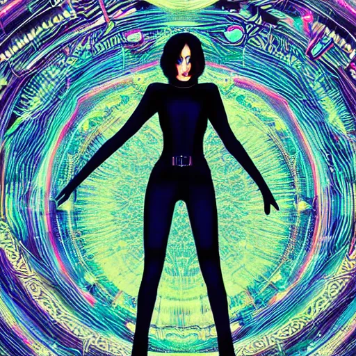 Image similar to long Shot of psychedelic Black widow standing in mysterious chromatic astral temple , stylish, lsd, soft, behance, cinematic, artwork by WLOP