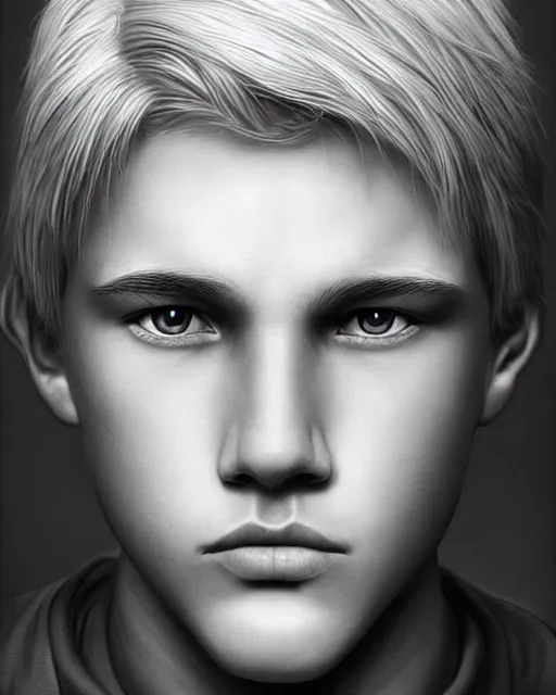 Prompt: portrait a 1 5 - year - old boy, with slender, white - blond hair, cold grey eyes, a pale complexion with sharp and pointed features, hyper realistic face, beautiful eyes, character art, art by mark brooks, hyperdetailed, cryengine, trending on artstation, digital art