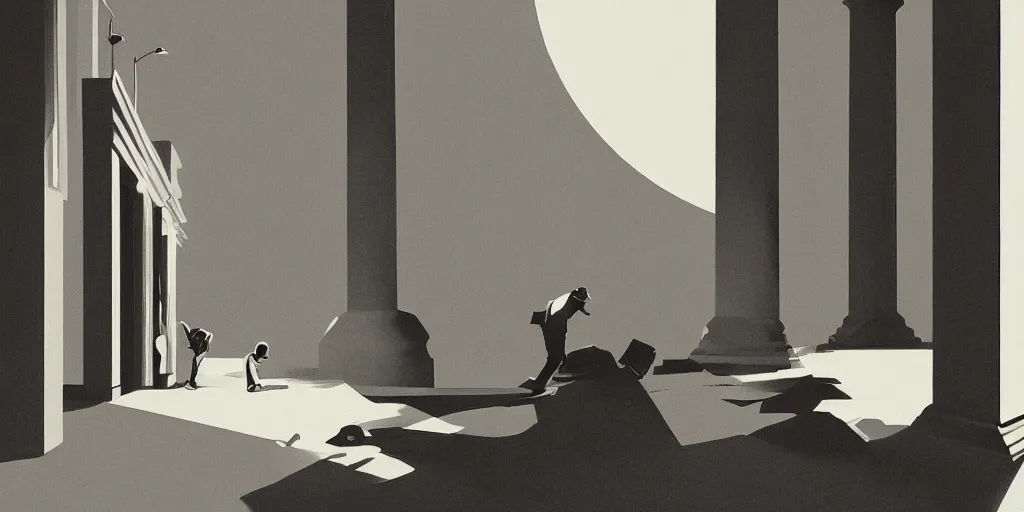 Prompt: incredible full page illustration, moon hitting earth, Edward Hopper and James Gilleard Zdzis, black and white