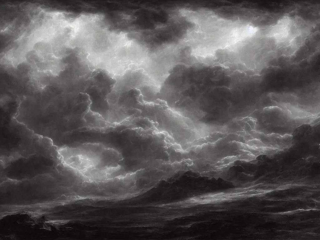 Image similar to very detailed, dark super storm, hyper realistic clouds, impressive, magical, very atmospheric, fog, cinematic, deep, very high complexity, stunning, dramatic masterpiece, iridescent, chiaroscuro, by gustave dore, caspar david friedrich, ian miller, very detailed. 4 k