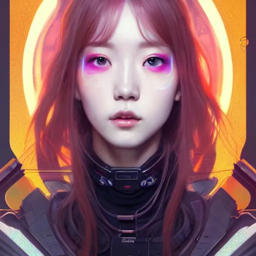 Image similar to portrait painting of cyberpunk chuu from loona as a happy mercenary, ultra realistic, concept art, intricate details, eerie, highly detailed, photorealistic, octane render, 8 k, unreal engine. art by artgerm and greg rutkowski and magali villeneuve and alphonse mucha