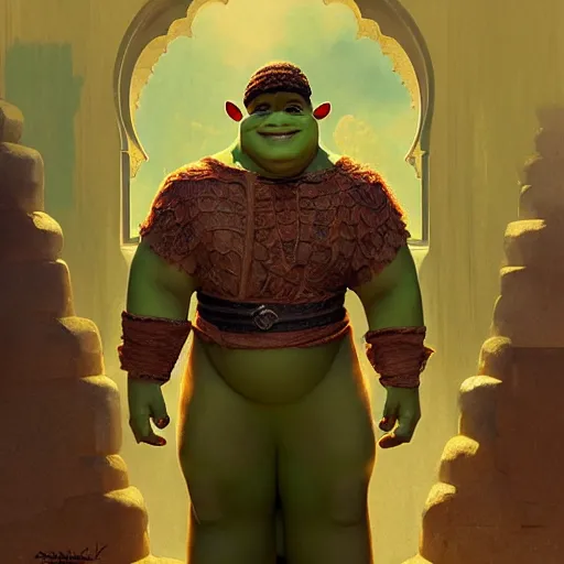 Image similar to handsome shrek in a moroccan jalaba, highly detailed, digital painting, artstation, concept art, sharp focus, illustration, art by greg rutkowski and alphonse mucha