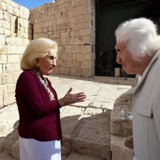 Prompt: photo of mirtha legrand talking with jesus in jerusalem