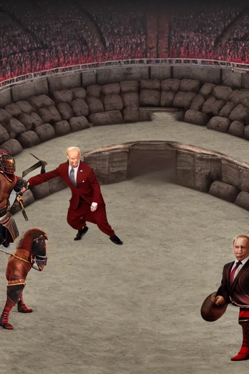 Image similar to putin vs joe biden inside a gladiator arena, 4 k, high res, realistic