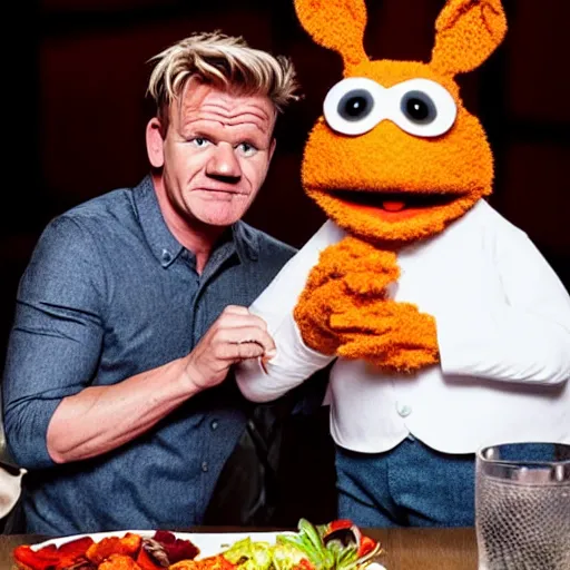 Prompt: photo of gordon ramsay eating a muppet