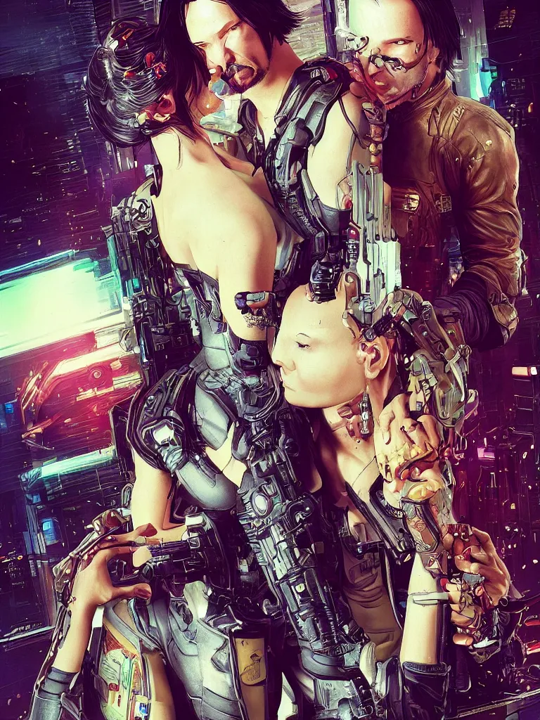 Image similar to a cyberpunk 2077 couple portrait of Keanu Reeves&female android in final kiss,love,film lighting,by Laurie Greasley,Lawrence Alma-Tadema,Dan Mumford,John Wick,Speed,Replicas,artstation,deviantart,FAN ART,full of color,Digital painting,face enhance,highly detailed,8K,octane,golden ratio,cinematic lighting