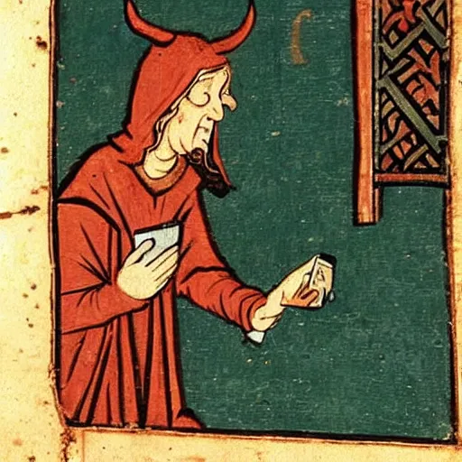 Prompt: medieval painting of the devil tempting a woman checking her iphone, ink and dye on parchment