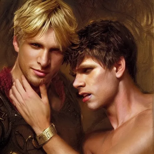 Image similar to attractive male, arthur pendragon who has blond hair confesses his love to attractive male, merlin who has dark hair. highly detailed painting by gaston bussiere, craig mullins, j. c. leyendecker 8 k