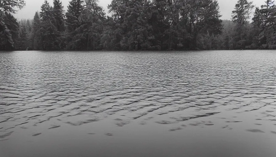 Prompt: photograph of an infinitely long chunky rope floating on the surface of the water, the rope is snaking from the foreground towards the center of the lake, a dark lake on a cloudy day, trees in the background, moody scene, anamorphic lens, kodak color film stock