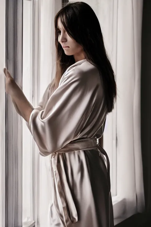 Prompt: a stunning brunette, wearing a silky robe, sunlight shining through, standing near a window, cinematic, by wlop