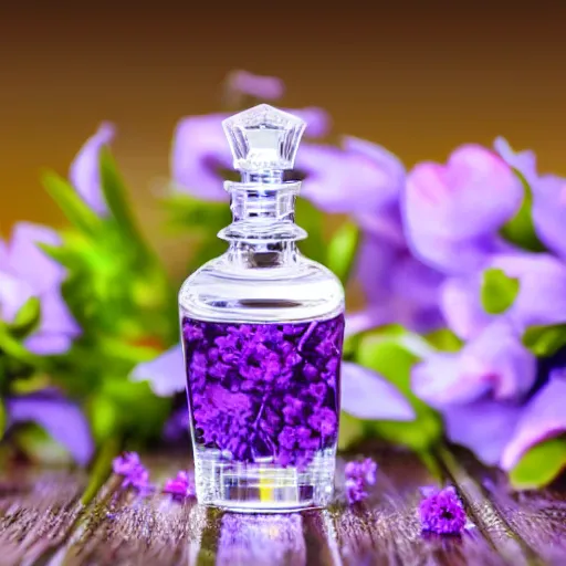 Image similar to perfume bottle surrounded by artistic, luscious blurred blue and lilac flowers, white background, simple path traced, environment, up close shot