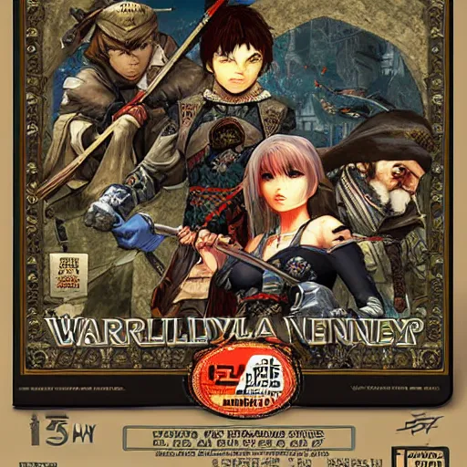 Image similar to Warkly 3 ONLINE GAME, medieval fantasy game poster printed on playstation 2 video game box , Artwork by Akihiko Yoshida, cinematic composition