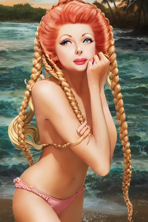 Prompt: a very beautiful anime Lucille Ball, full body, long braided curly blonde hair, twisted braids, golden watery eyes, full round face, short smile, pale pink bikini, serene beach setting, cinematic lightning, medium shot, mid-shot, highly detailed, trending on artstation, Cryengine, Raytracing, 4k, cinematic wallpaper by Mort Kunstler, Gil Elvgren, Robert Maguire, Rudolph Belarski, Samson Pollen, Victor Prezio, and Mort Drucker