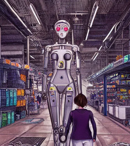 Image similar to a robot with a digitized female face for a head, walking through a market Industrial Scifi, detailed illustration, character portrait, by Martin Grip and Moebius