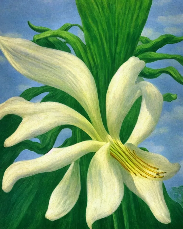 Prompt: achingly beautiful painting of one white lily on green background rene magritte, monet, and turner. piranesi. macro lens.