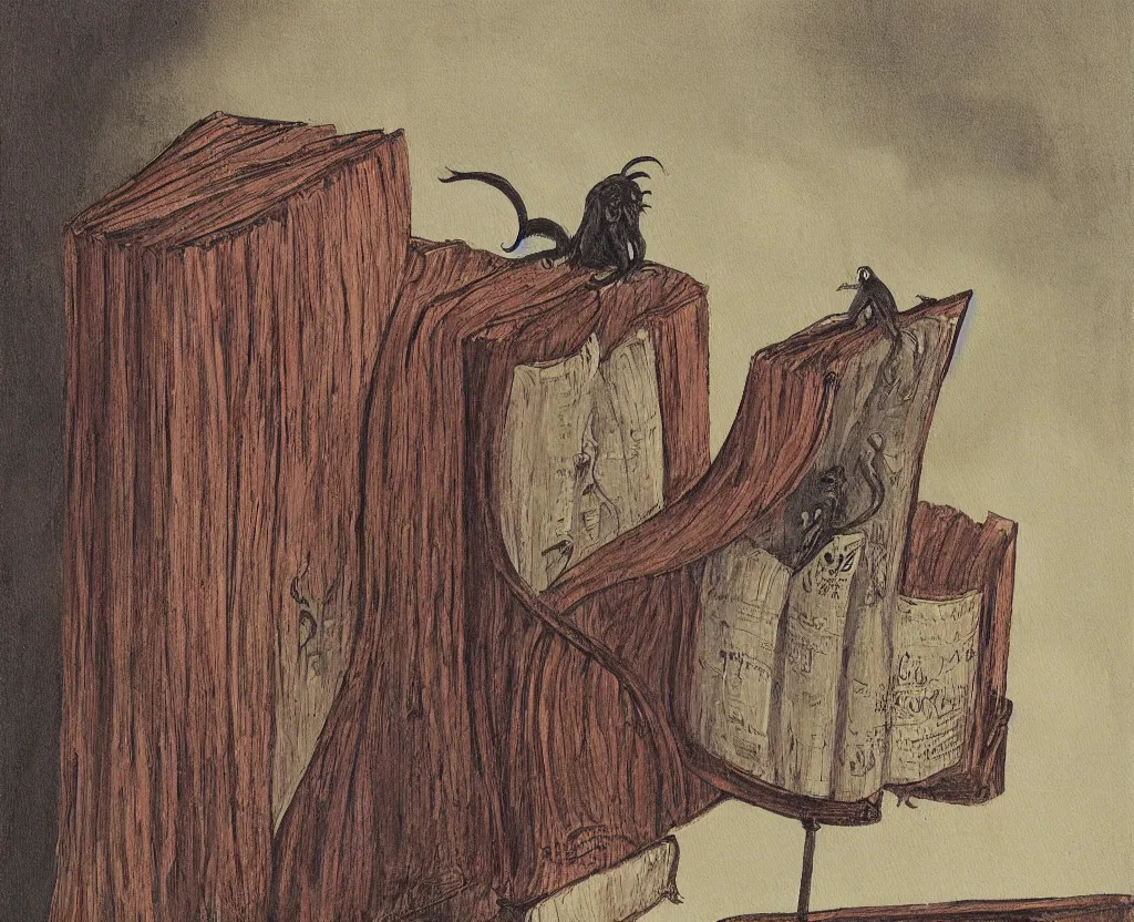 Image similar to a painting of a large book on a stand with evil vapors escaping from it, in the style of edward gorey