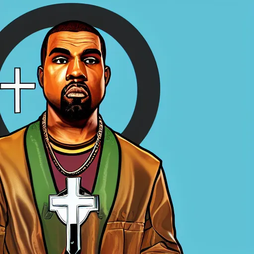Prompt: illustration gta 5 artwork of holy saint kanye west, golden cross, in the style of gta 5 loading screen, by stephen bliss