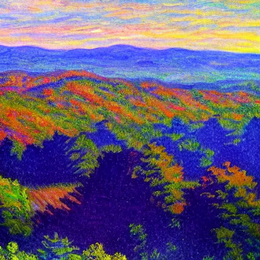 Image similar to asheville skyline from beaucatcher mountain, in the style of claude monet, watercolor, beautiful, scenic, award winning, 4 k, hd