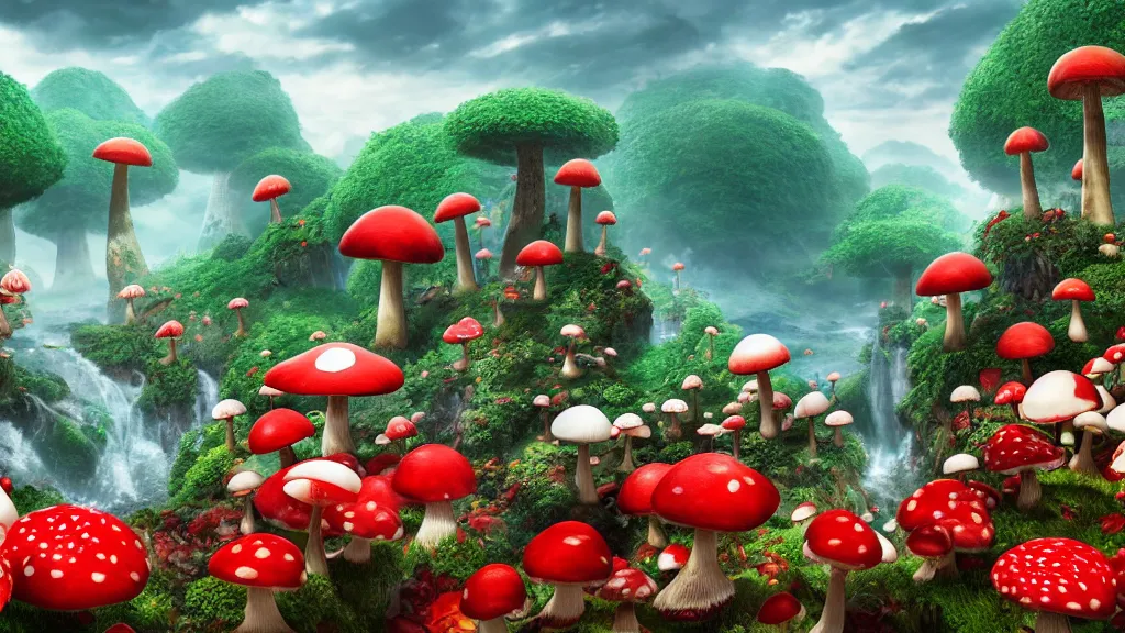 Prompt: archipelago in the mushroom kingdom, red and white spotted giant mushrooms, exotic flora, giant roses, thousands of flowers, fantasy artwork, very very very beautiful scenery, hd, hdr, ue 5, ue 6, unreal engine 5, cinematic 4 k wallpaper, 8 k, ultra detailed, high resolution, artstation, award winning