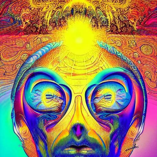Prompt: man opens their third eye, discovering the future, psychedelic art, vivid colors, highly detailed, abstract, surreal, digital artwork