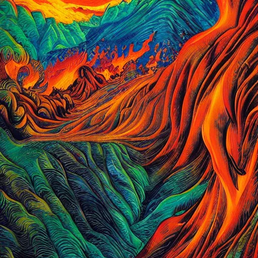 Image similar to vulcano, lava, trees on fire by dan mumford and umberto boccioni, oil on canvas