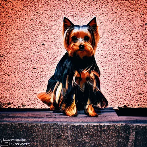 Prompt: photography of a Yorkie sitting on a box. in a cyberpunk street, award winning photo, saturated, colored, colors, 100mm, sharp, high res