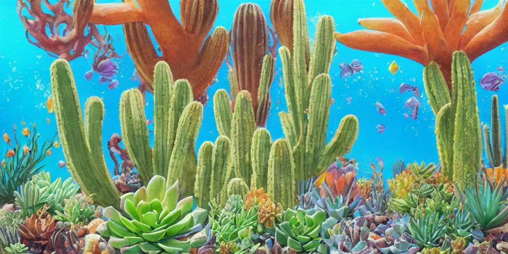 Prompt: a desert with a lot of succulents and exotic flowers, underwater, super detailed acrylic painting, movie poster 7 0's