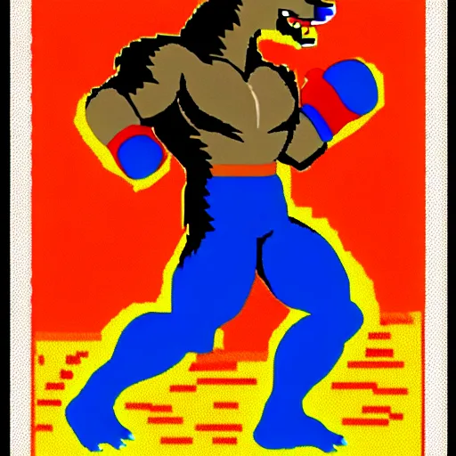 Prompt: full body portrait. 1 6 bit sega graphics. antropomorphic muscular masculine wolf, kickboxer fighter, in shorts, wolf head, in front of burning town at night. furr on body. 1 9 8 9