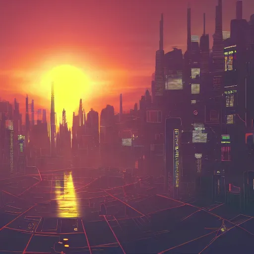 Image similar to cyberpunk world based on an island with sunset behind it