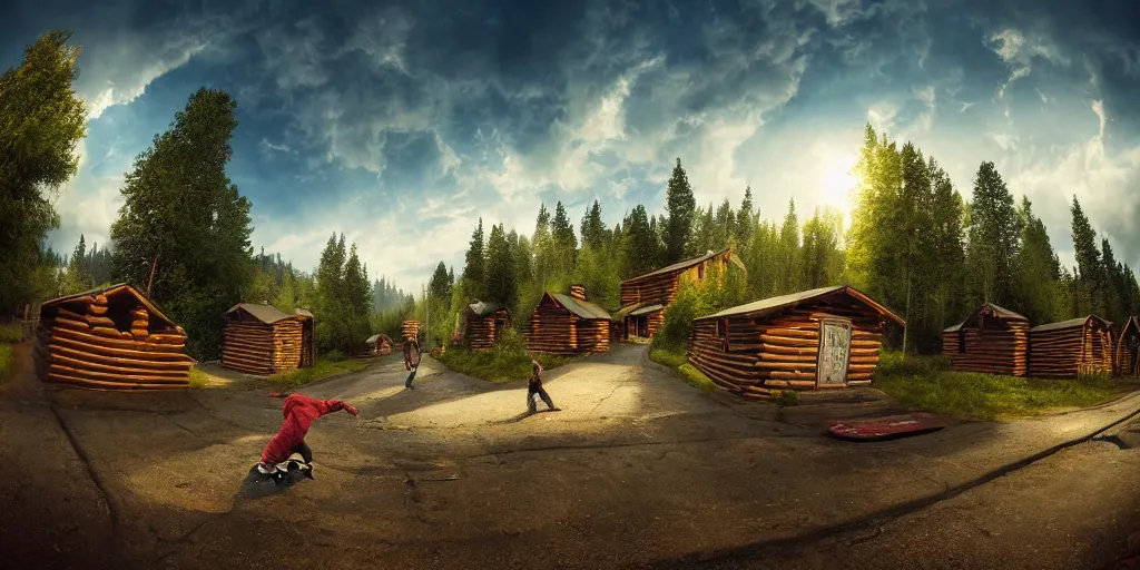 Prompt: a detailed beautiful matte painting of a skateboarder, kick flip, pilgrim village setting, log homes with graffiti, dirt road, trees by Mikko Lagerstedt and Raphael Lacoste, graffiti log homes with graffiti by Fintan Magee, fisheye lens