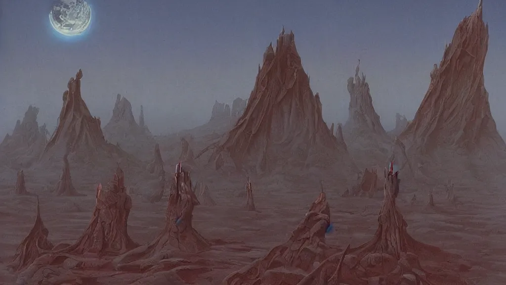 Image similar to eerie atmospheric evolving alien planet by gerald brom and vincent di fate, epic cinematic matte painting