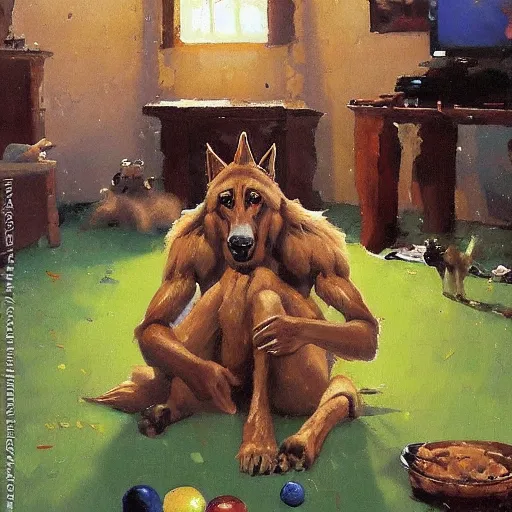 Image similar to a humanoid german shepherd beast - man, sitting and watching a soccer match in his house on television, he has hurt his knee and is a dad, by erin hanson, alexi zaitsev, karl spitzweg, award winning, tv set