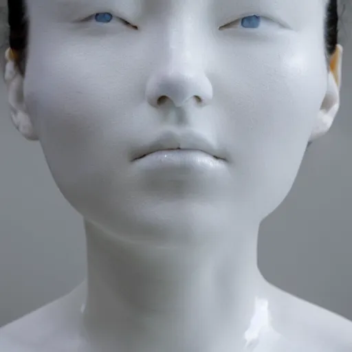 Prompt: full head and shoulders, beautiful female porcelain sculpture by daniel arsham and raoul marks, smooth matte skin, all white features on a white background, delicate facial features, white eyes, white lashes, gold liquid dripping from eyes