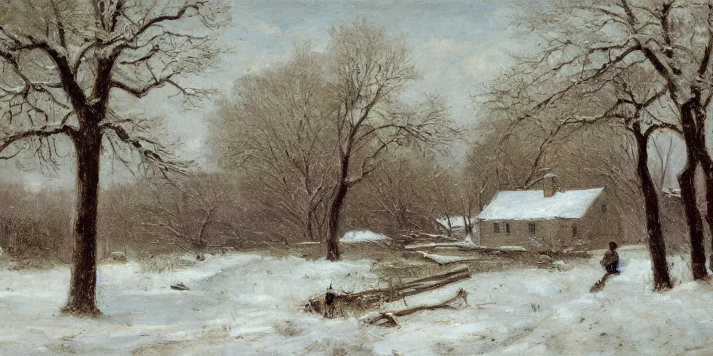 Prompt: a house during a severe winter, tree swaying, snow falling, by george henry durrie