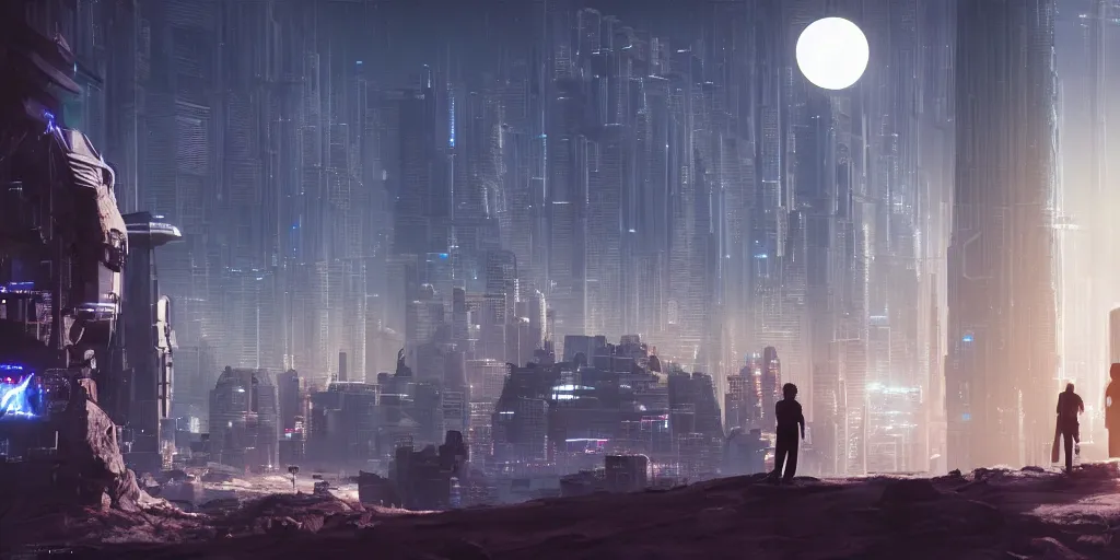 Image similar to a cinematic composition depicting : a translucid crystal - being viewing how a high tech solarpunk tribe with their technology is encroaching on a distant cyberpunk world with white clad buildings at full moon light