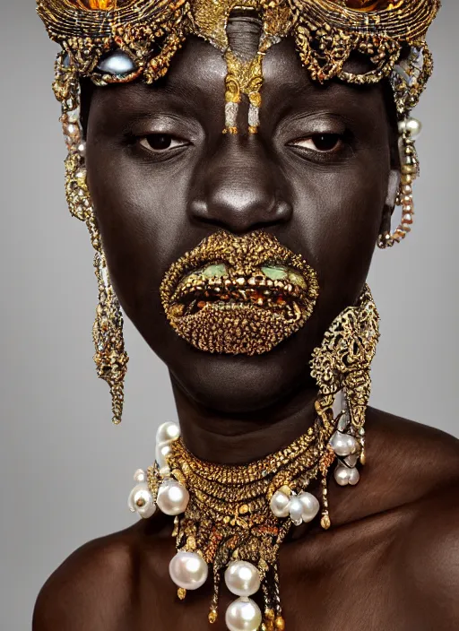 Image similar to hyperrealism, detailed textures, award winning autochrome photo, symetrical africanpearl old screaming medusa queen autochrome pearl portrait, pearl silverplate, intricate, detailed facial pearl scary animal mask, pearl, golden jewelery, silverplate, ultra realistic, cinematic, intricate, cinematic light by steve mccurry, unreal engine 8 k